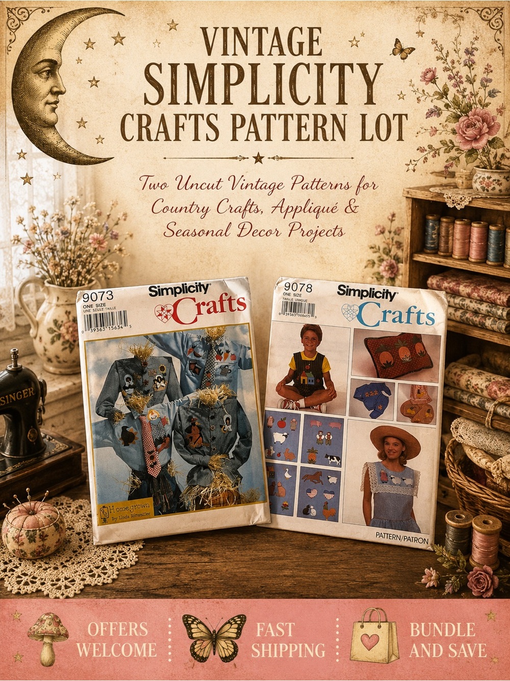 Vintage Simplicity Crafts Pattern Lot 9073 9078 Uncut Country Decor